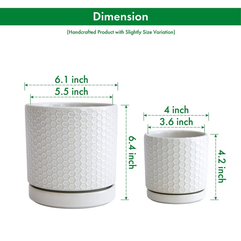 D'vine Dev Set of 2 Modern Matte White Honeycomb Embossed Ceramic Planter Pots with Saucer and Drainage Hole, 4 Inch & 6 Inch, 99-C-1-N - Image 2